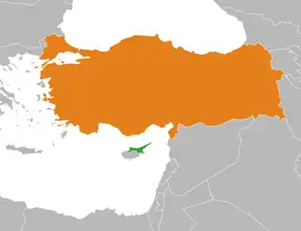 Kaart met daarop Noord-Cyprus en Turkije