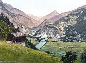 Het Oberinntal vanaf de burcht Schrofenstein bij Stanz, getekend rond 1900
