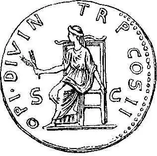 Ops die twee korenaren vasthoudt gezeten op een troon, omschrift OPI.DIVIN TR P COS II en SC in veld (Ar denarius van Pertinax).