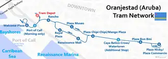 Tram van Oranjestad op de kaart