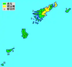 Kaart van Kagoshima met het district Oshima gemarkeerd