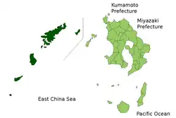 Kaart van  Kagoshima met Ōshima gemarkeerd