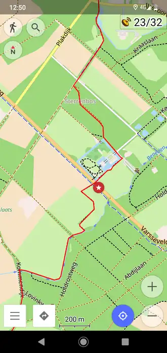 OsmAnd met een GPX-route van een deel van het Pieterpad ten oosten van Doetinchem