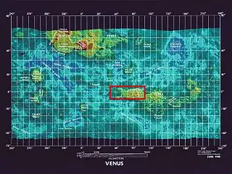 De rode rechthoek toont de locatie van Ovda Regio op het westelijke deel van Aphrodite Terra.