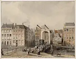 Pierre Tetar van Elven. Langebrug vóór de gedeeltelijke demping van het Rokin. 1847