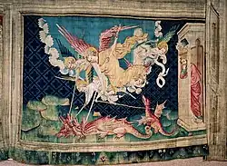 Onderste rij: De aartsengel Michaël overwint de draak (afbeelding van de achterzijde en daarom in spiegelbeeld)