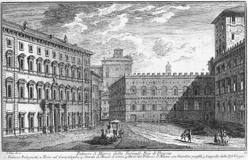 Giuseppe Vasi (midden 18de eeuw): links Palazzo Bolognetti (later Torlonia), achteraan Palazzetto Venezia, rechts Palazzo Venezia.