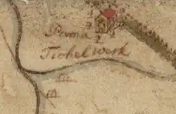 Het tichelwerk bij Pama op een kaart uit het laatste kwart van de 17e eeuw.