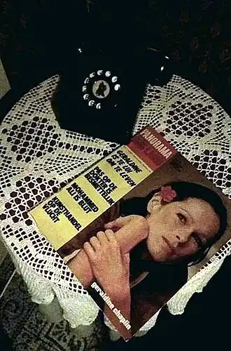 Een exemplaar van Panorama Ons Land (27 mei 1977) op een salontafeltje bij een bakelieten telefoon.