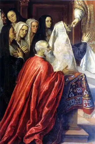 Schilderij van Palma Giovane waarop Pasquale Cicogna de mis aanhoort.