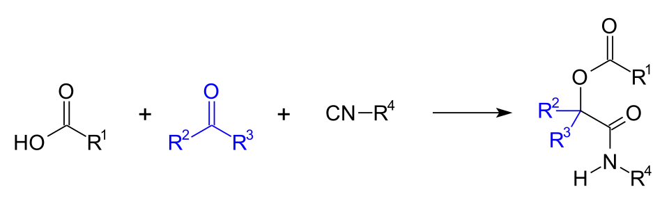 Algemeen reactieverloop van de Passerini-reactie