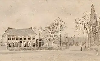 Kerk met de in 1904 afgebroken pastorie getekend door Vincent van Gogh in 1876