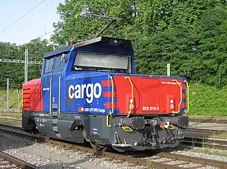 Rangeerlocomotief serie Eem 923 van de Schweizerische Bundesbahnen (SBB) in Payerne