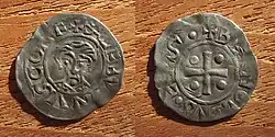  Bisdom Utrecht, bisschop Bernold, zilveren penning of denarius met portret van de Deventer stadsheilige Lebuïnus z.j. (geslagen te Deventer 1046-1054).