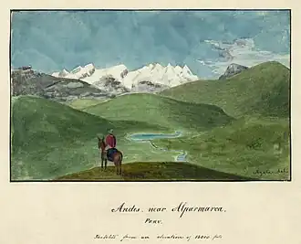 "Andes bij Alparmarca, Peru".  Geïllustreerd door Alfred Thomas Agate van de Zuid-Amerikaanse sectie van de United States Exploring Expedition.