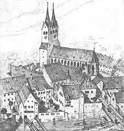 Oude afbeelding van de kerk met dubbele torens