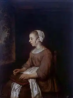 Jonge vrouw met verstelwerk bij een venster, 1671; olieverf op paneel