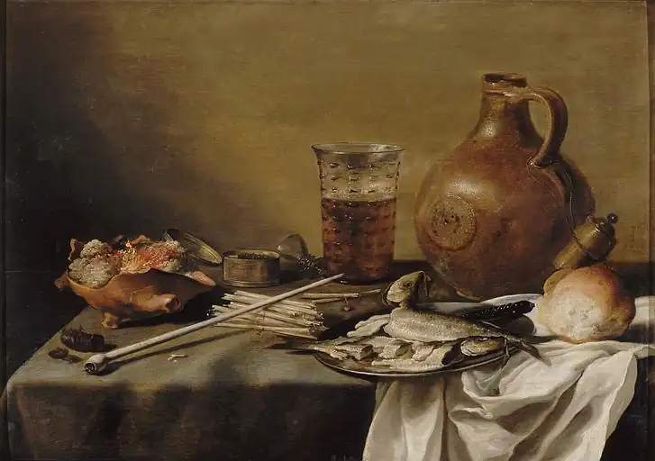 Pieter Claesz., Stilleven met rookgerei, haringen, bierglas en kruik, 1644, olieverf op paneel,  59 × 82 cm, Musée d'Arts de Nantes
