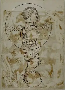 Studie voor een medaille en een buste van Alfonso V van Aragón, inv. 2306r, ca. 1449v, pen en inkt op papier, 14,8&nbsp;×&nbsp;20,5
