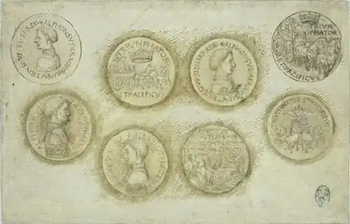 Acht medailles, inv. 2317, ca. 1449, pen en bister op perkament, 10&nbsp;×&nbsp;15,2