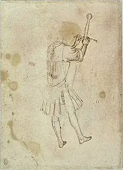 Schildknaap, inv. 2509v, pen en inkt op rood papier, 24,9&nbsp;×&nbsp;18,2