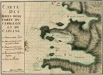 Franse landkaart uit 1694 met aanduiding van het I[sle] Bois (Bois Island) en de B[aie] du Ferillon (Ferryland Harbour). Het zuiden ligt bovenaan deze kaart.