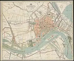 Kaart van Rotterdam, door J. Oprel, uitgegeven in 1884. Bebouwingsgrens is de Westersingel, zuidelijke Agniesebuurt, Crooswijksestraat en Nieuwe Plantage. De Maasbruggen, Spoorweghaven en Binnenhaven zijn aangelegd. Bebouwing Noordereiland is in ontwikkeling.