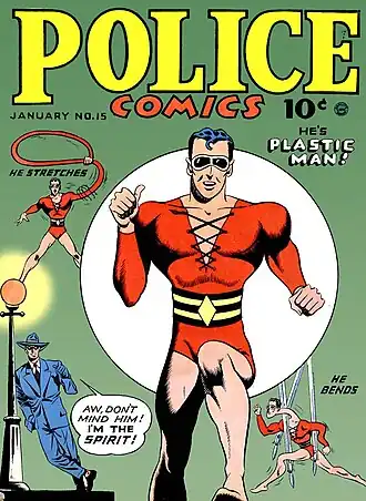Plastic Man en The Spirit op cover van Police Comics, volume 1, #15, januari 1943.
