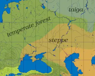 De steppe strekt zich grofweg uit tussen de rivieren Dnjepr en Oeral ofwel vanaf de Zwarte Zee en de Kaukasus in het zuiden tot de gemengde bossen en taiga in het noorden