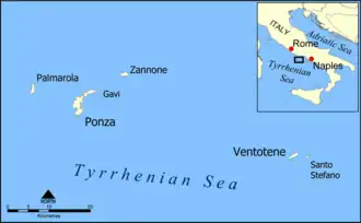 Ligging van Palmarola in de Pontijnse Eilanden