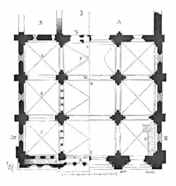 Bouwtekening van de narthex: rechts op het niveau van de begane grond; links op het niveau van de galerijen.