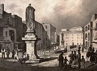 Standbeeld van Cárdenas achter de fontein, Pozzuoli, Italië