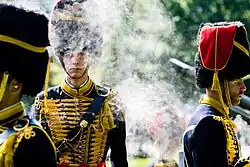 Kannonier in het ceremoniële tenue van het Korps Rijdende Artillerie, ook bekend als Gele Rijders, tijdens het afvuren van saluutschoten tijdens Prinsjesdag.