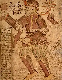 Thor met de hamer Mjöllnir, manuscript uit IJsland uit de 18e eeuw