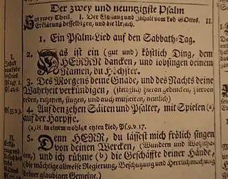 Het begin van Psalm 92 in de Duitse Kurfürstenbibel uit 1768.