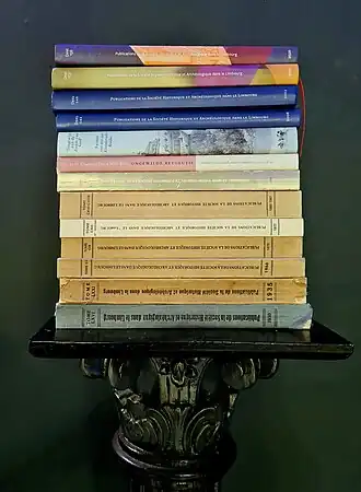 Een stapel Publications. Te zien is het veranderend uiterlijk van het jaarboek. Van beneden naar boven de jaargangen 1930, 1935, 1966, 1973, 1977, 1980/81, 1990, 1994, 2004, 2006, 2012, 2017 en 2020.