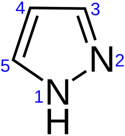 Pyrazool, met nummering van de atomen