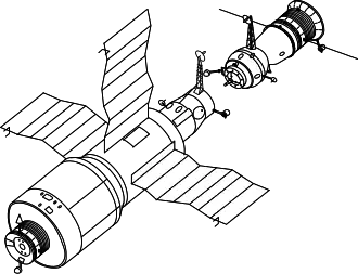 alt=Lijntekening van Saljoet 4 en een naderend Sojoez-ruimteschip