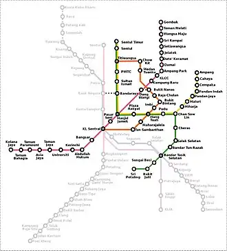 Metrokaart van Kuala Lumpur(overige spoorlijnen licht weergegeven)