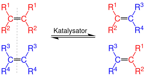 Algemeen principe van de alkeenmetathese. Alkylidengroepen zijn gekleurd gemarkeerd.