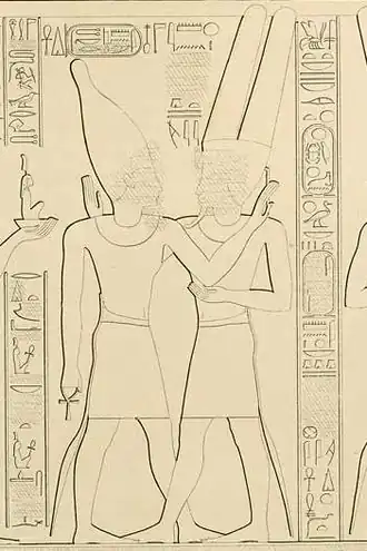 Reliëf met voorstelling van Takelot (l.) en Amon-RaKarnak, tekening van Karl Richard Lepsius