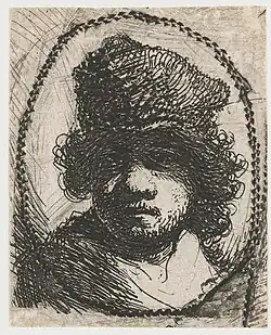 Zelfportret met hoofddeksel van bont, in ovaal kader: buste, 1627-1631, Rijksmuseum Amsterdam