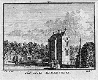 Kasteel Remmerstein rond 1745gravure van H. Spilman naar tekening van J. de Beijer