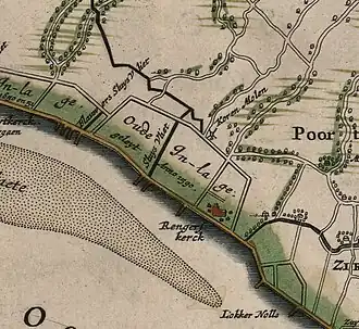Rengerskerke op een kaart uit 1664. Het dorp staat nog ingetekend, alhoewel het dorp en de Inlaag twee jaar eerder zijn overstroomd.