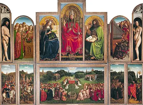 Het Lam Gods van Hubert en Jan van Eyck. Hieraan werd gewerkt ten tijde van Huberts overlijden in 1426.