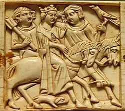 Rijdend koppel, detail van een koffertje met afbeeldingen over de Tristan en Isolde legende, 1340-1350, Parijs