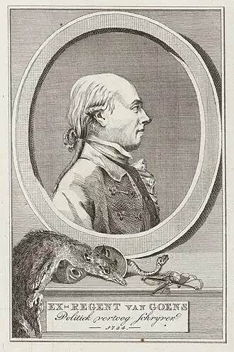 Spotprent op Van Goens (1782) met wolfsvel, maskers, adder en weegschaal