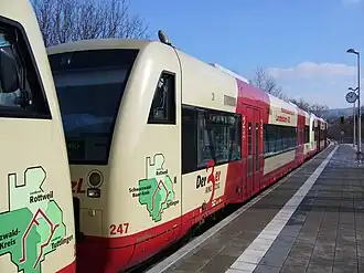 Regio-Shuttles in treinschakeling, Tuttlingen, Duitsland, 30&nbsp;januari 2007.