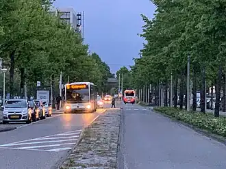 De Robert Fruinlaan op een koude lenteavond, gezien naar het oosten