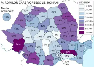 Percentage van de Roma die het Romani als moedertaal gebruiken (2011)